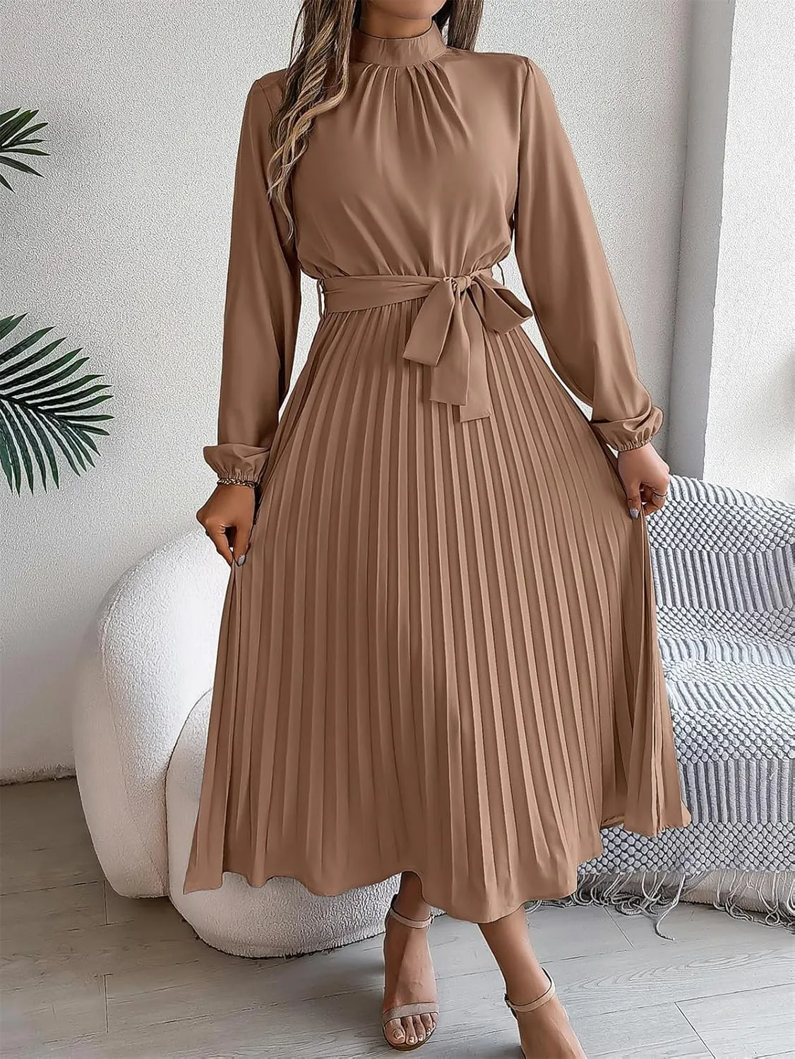 Women's Stand Collar Long Sleeve Pleated Maxi Dress Elastic High Waist A-Line Dress Midi Skirt with Belt