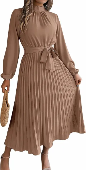 Women's Stand Collar Long Sleeve Pleated Maxi Dress Elastic High Waist A-Line Dress Midi Skirt with Belt