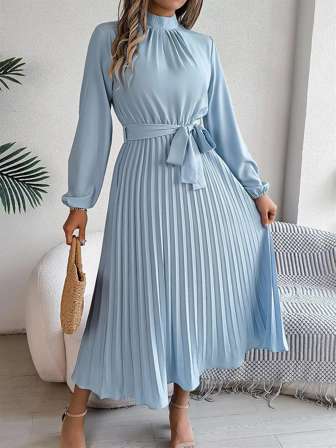 Women's Stand Collar Long Sleeve Pleated Maxi Dress Elastic High Waist A-Line Dress Midi Skirt with Belt