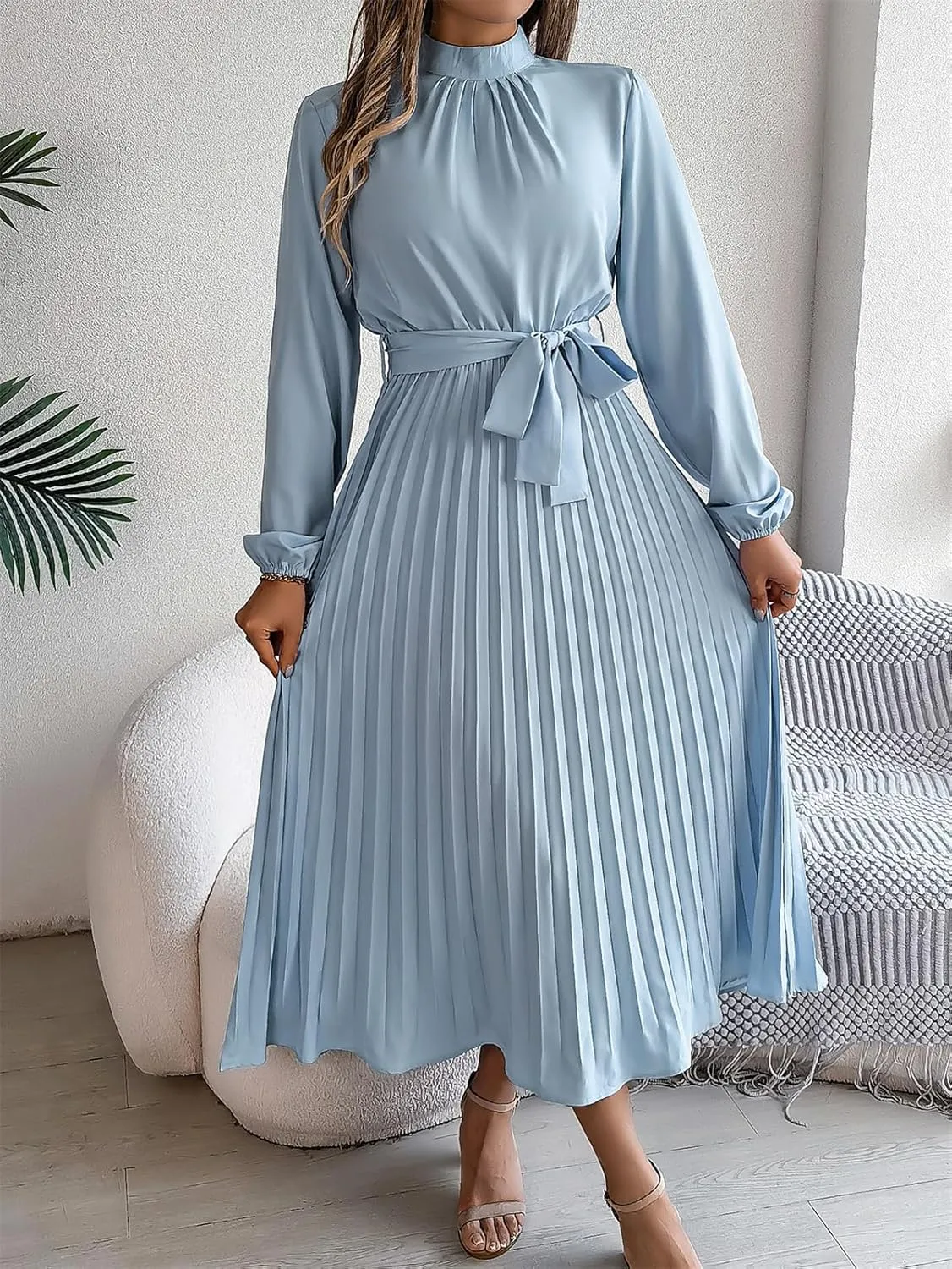 Women's Stand Collar Long Sleeve Pleated Maxi Dress Elastic High Waist A-Line Dress Midi Skirt with Belt
