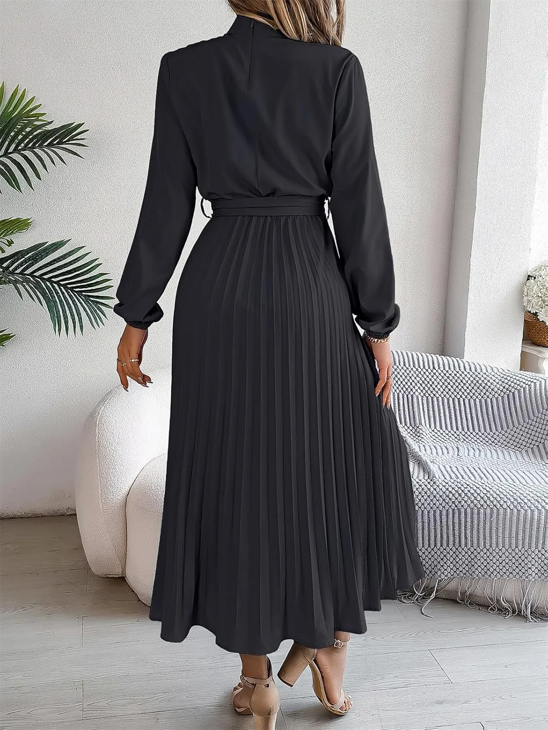 Women's Stand Collar Long Sleeve Pleated Maxi Dress Elastic High Waist A-Line Dress Midi Skirt with Belt