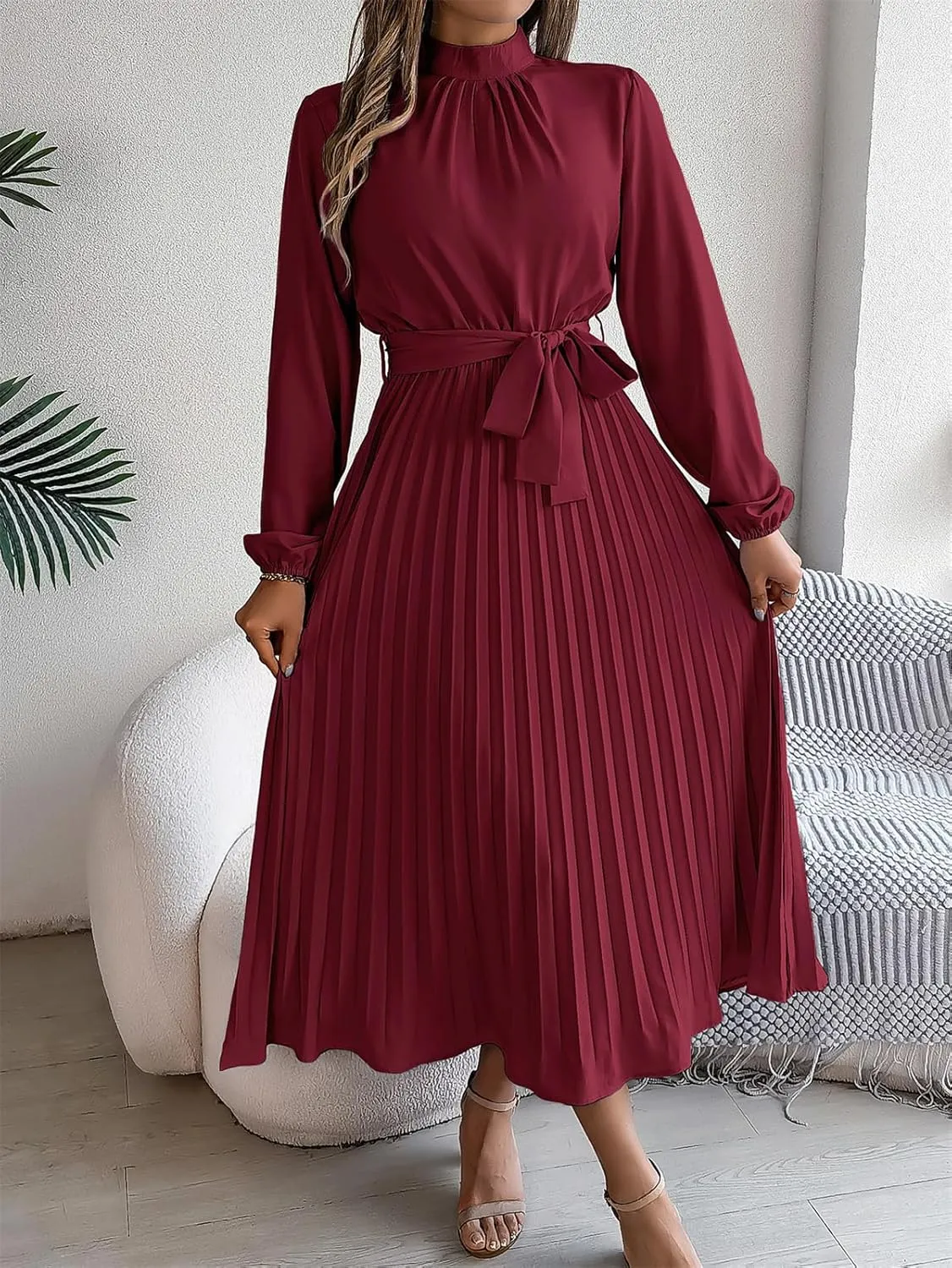 Women's Stand Collar Long Sleeve Pleated Maxi Dress Elastic High Waist A-Line Dress Midi Skirt with Belt