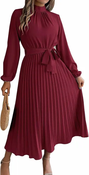 Women's Stand Collar Long Sleeve Pleated Maxi Dress Elastic High Waist A-Line Dress Midi Skirt with Belt