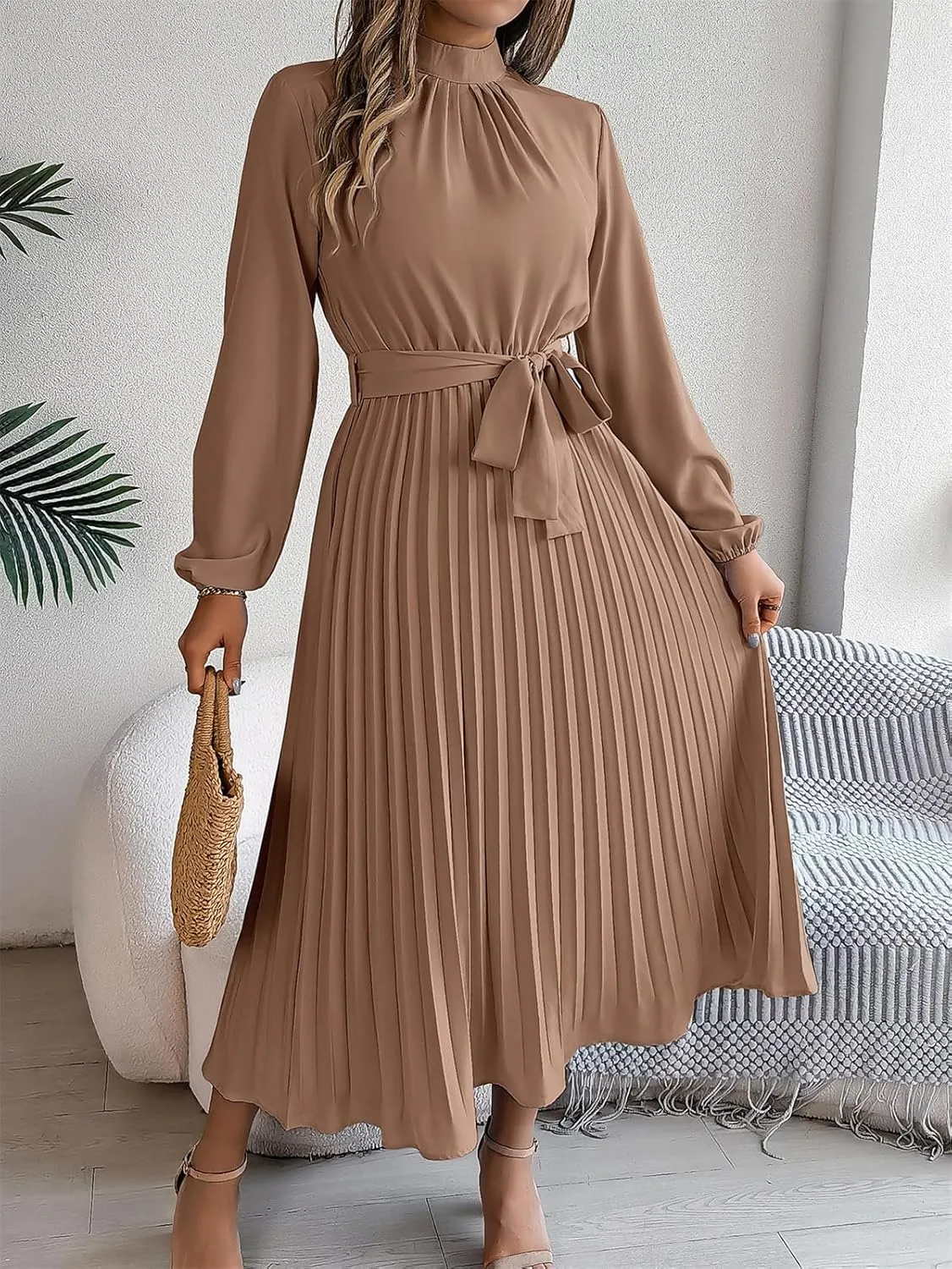 Women's Stand Collar Long Sleeve Pleated Maxi Dress Elastic High Waist A-Line Dress Midi Skirt with Belt