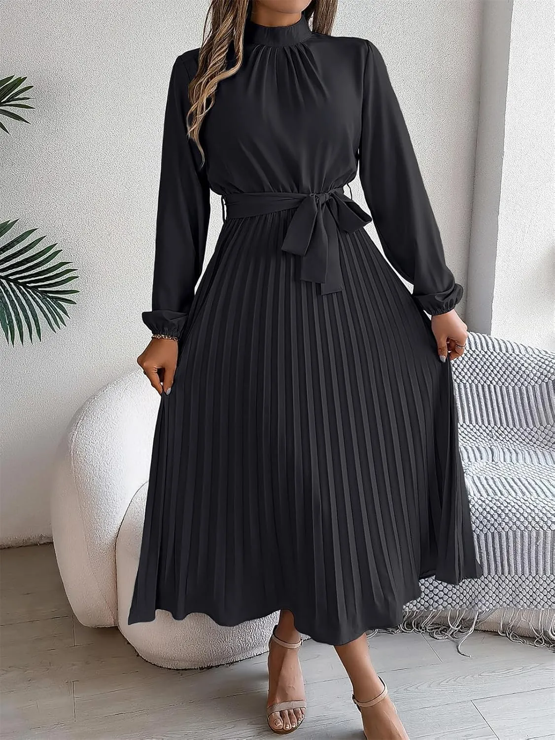 Women's Stand Collar Long Sleeve Pleated Maxi Dress Elastic High Waist A-Line Dress Midi Skirt with Belt