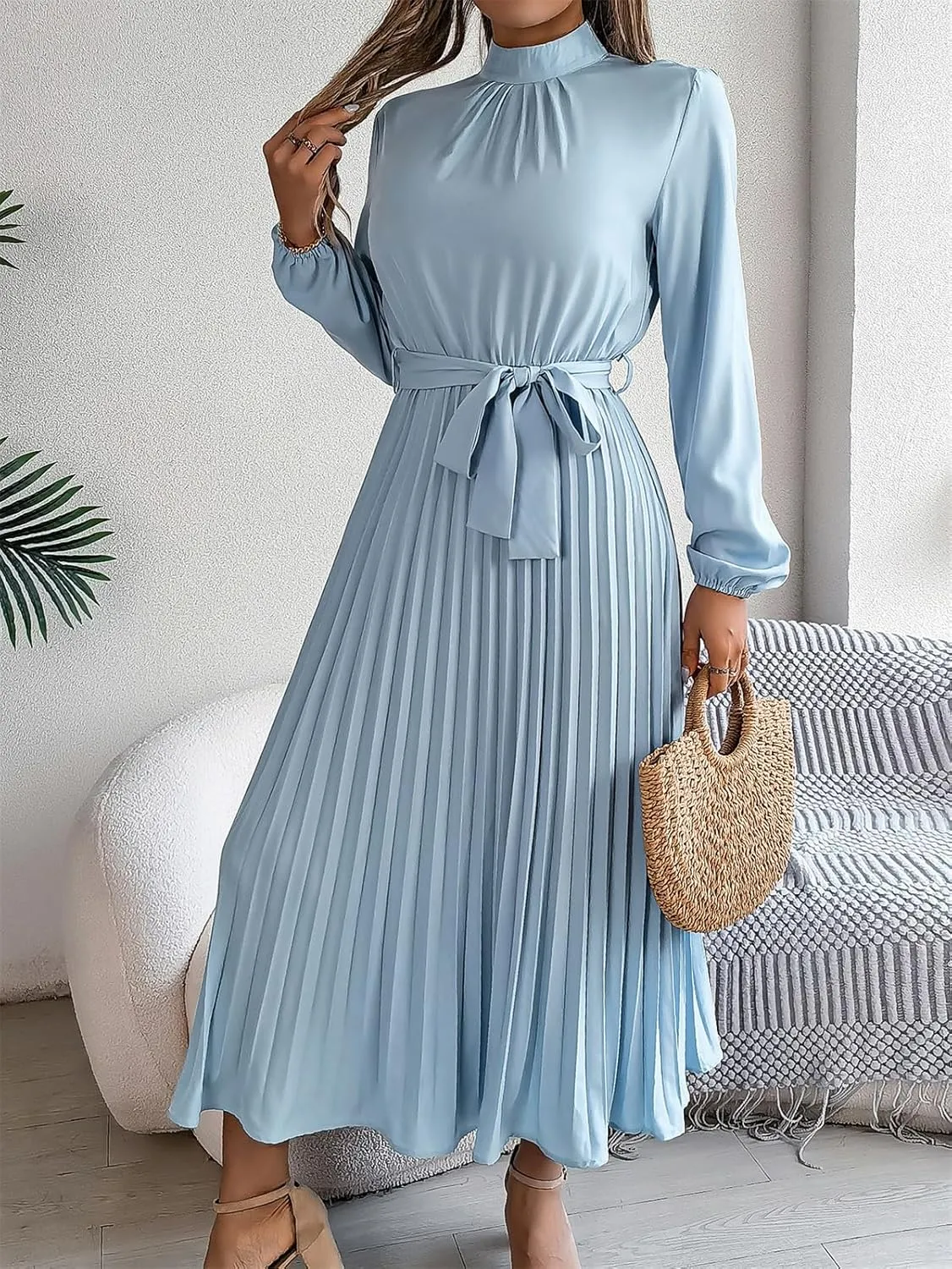 Women's Stand Collar Long Sleeve Pleated Maxi Dress Elastic High Waist A-Line Dress Midi Skirt with Belt