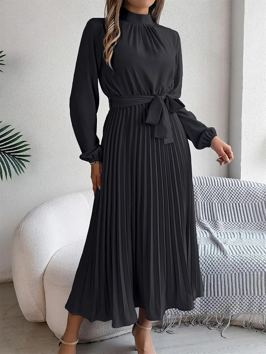 Women's Stand Collar Long Sleeve Pleated Maxi Dress Elastic High Waist A-Line Dress Midi Skirt with Belt