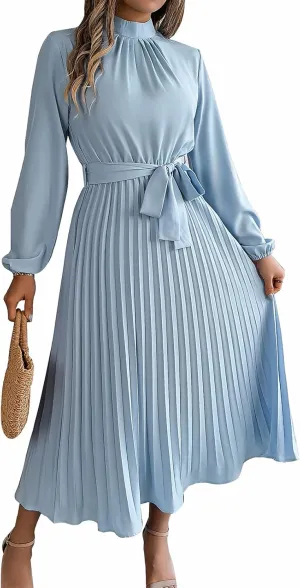 Women's Stand Collar Long Sleeve Pleated Maxi Dress Elastic High Waist A-Line Dress Midi Skirt with Belt
