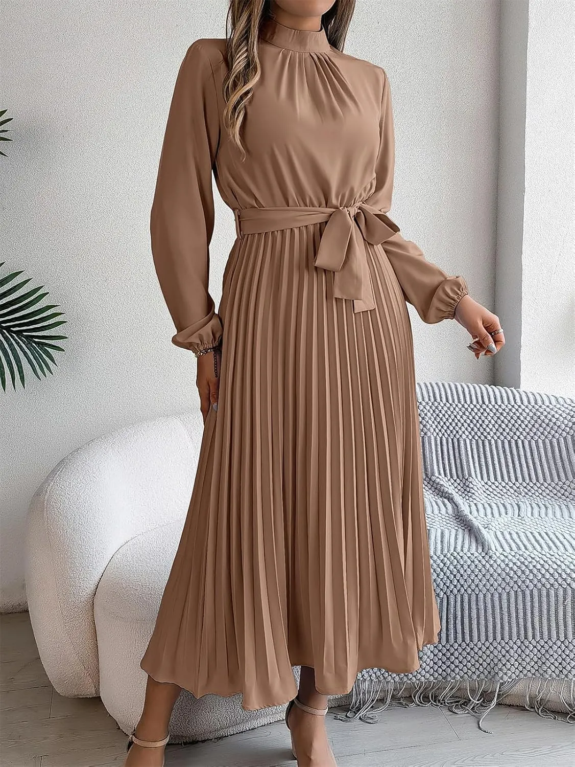 Women's Stand Collar Long Sleeve Pleated Maxi Dress Elastic High Waist A-Line Dress Midi Skirt with Belt