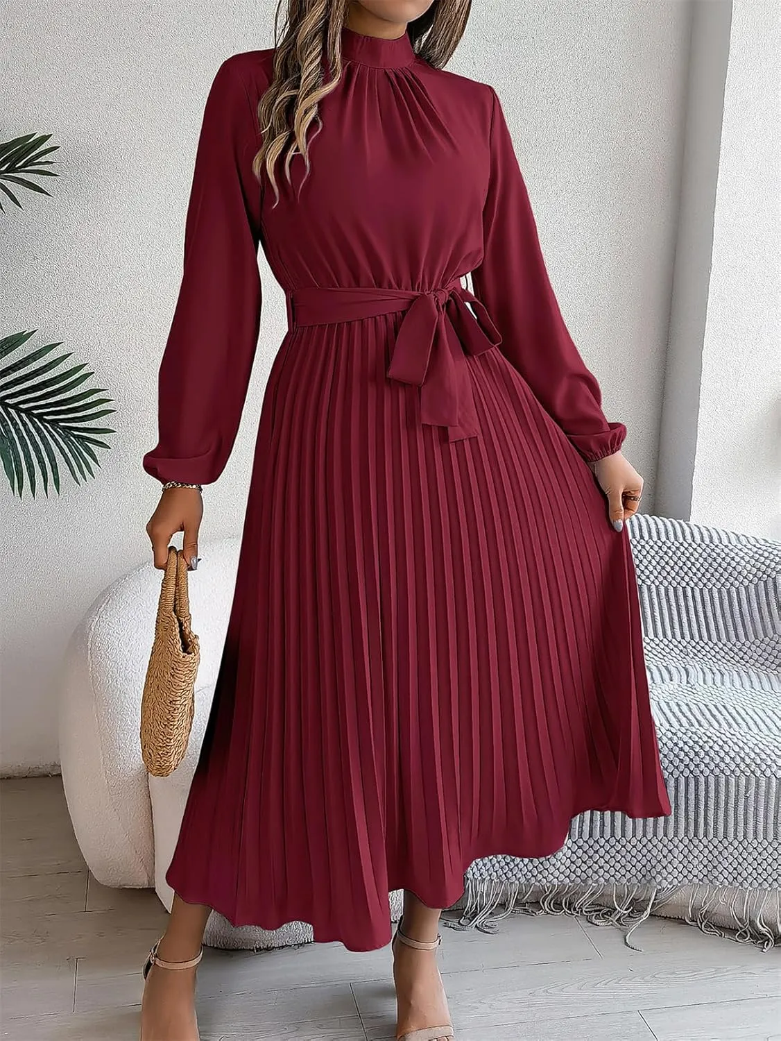 Women's Stand Collar Long Sleeve Pleated Maxi Dress Elastic High Waist A-Line Dress Midi Skirt with Belt