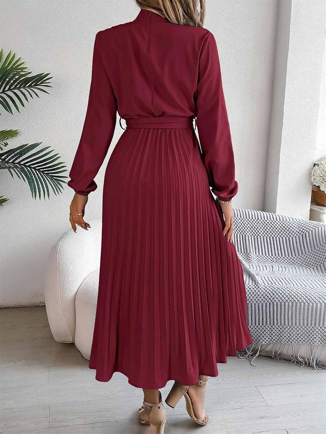 Women's Stand Collar Long Sleeve Pleated Maxi Dress Elastic High Waist A-Line Dress Midi Skirt with Belt