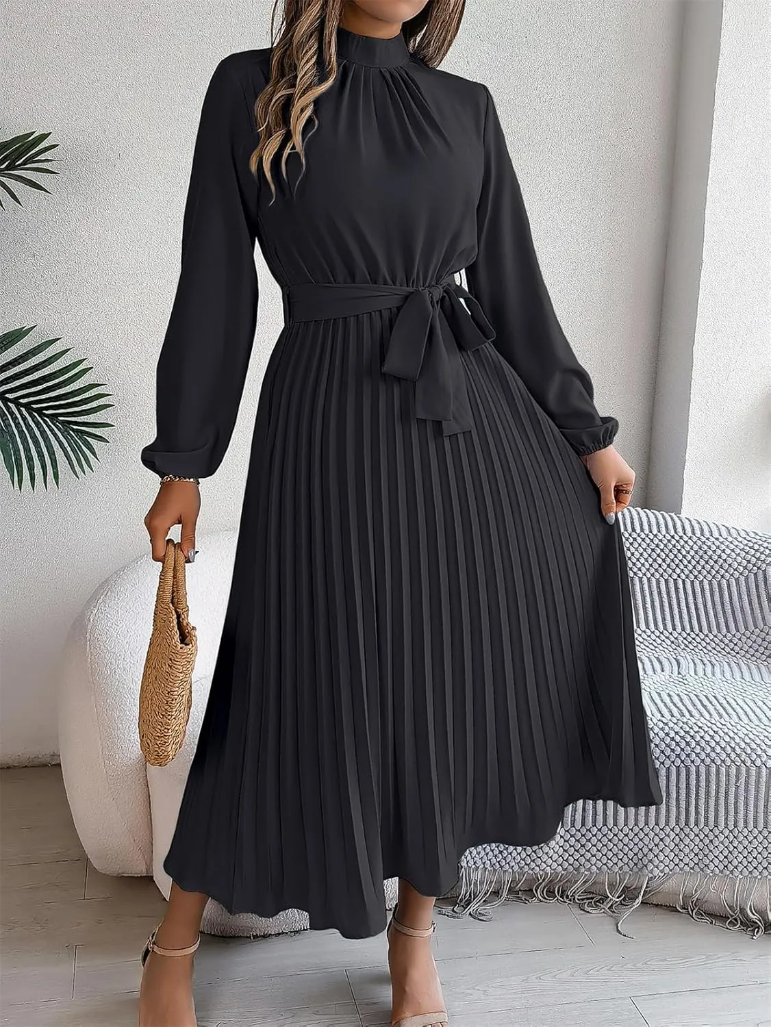 Women's Stand Collar Long Sleeve Pleated Maxi Dress Elastic High Waist A-Line Dress Midi Skirt with Belt