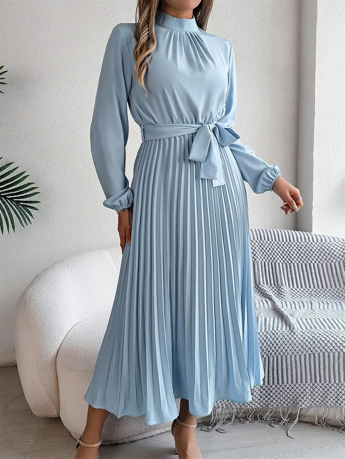 Women's Stand Collar Long Sleeve Pleated Maxi Dress Elastic High Waist A-Line Dress Midi Skirt with Belt