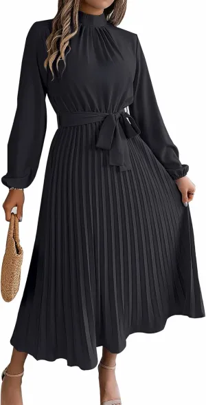 Women's Stand Collar Long Sleeve Pleated Maxi Dress Elastic High Waist A-Line Dress Midi Skirt with Belt
