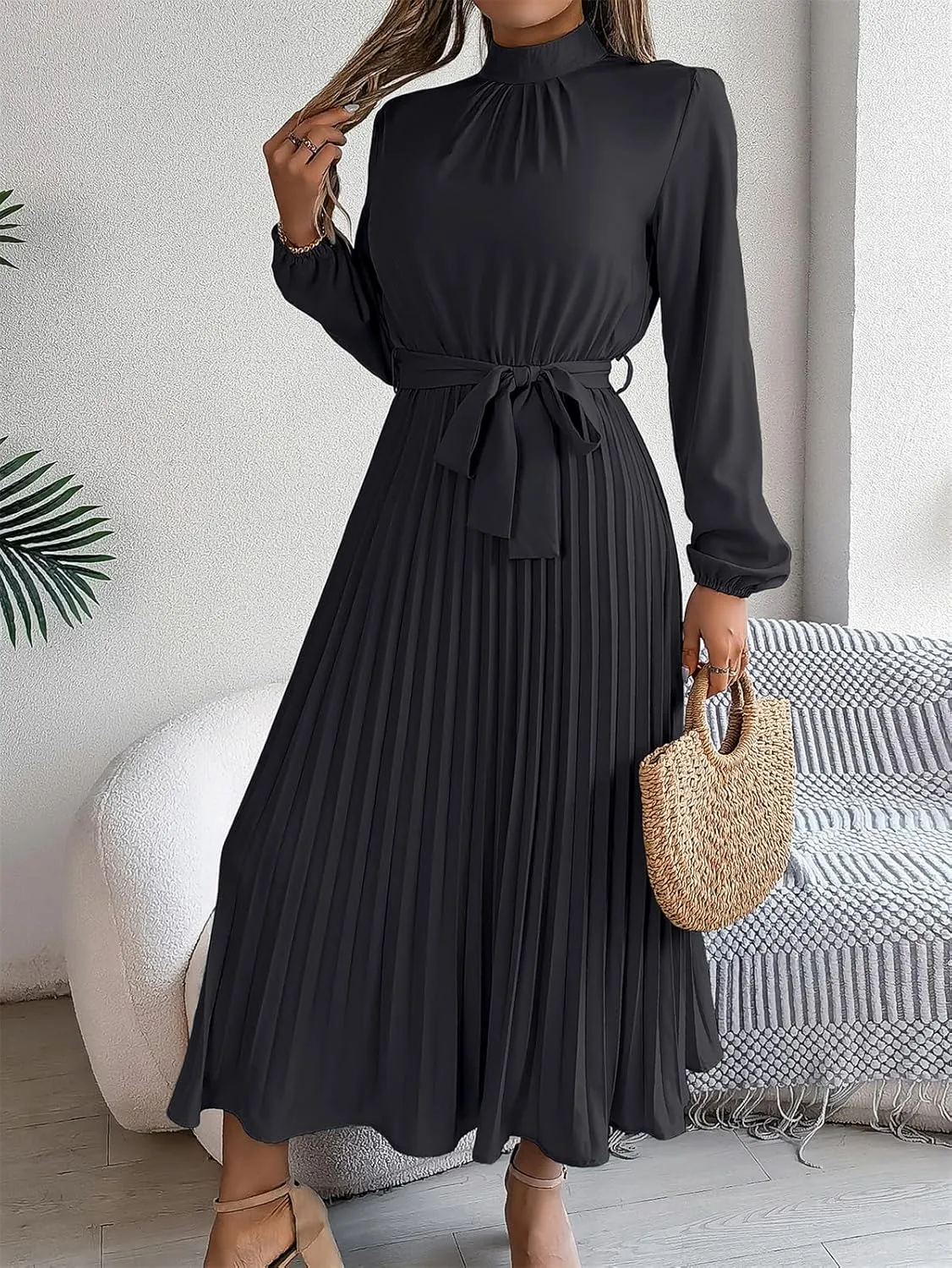 Women's Stand Collar Long Sleeve Pleated Maxi Dress Elastic High Waist A-Line Dress Midi Skirt with Belt