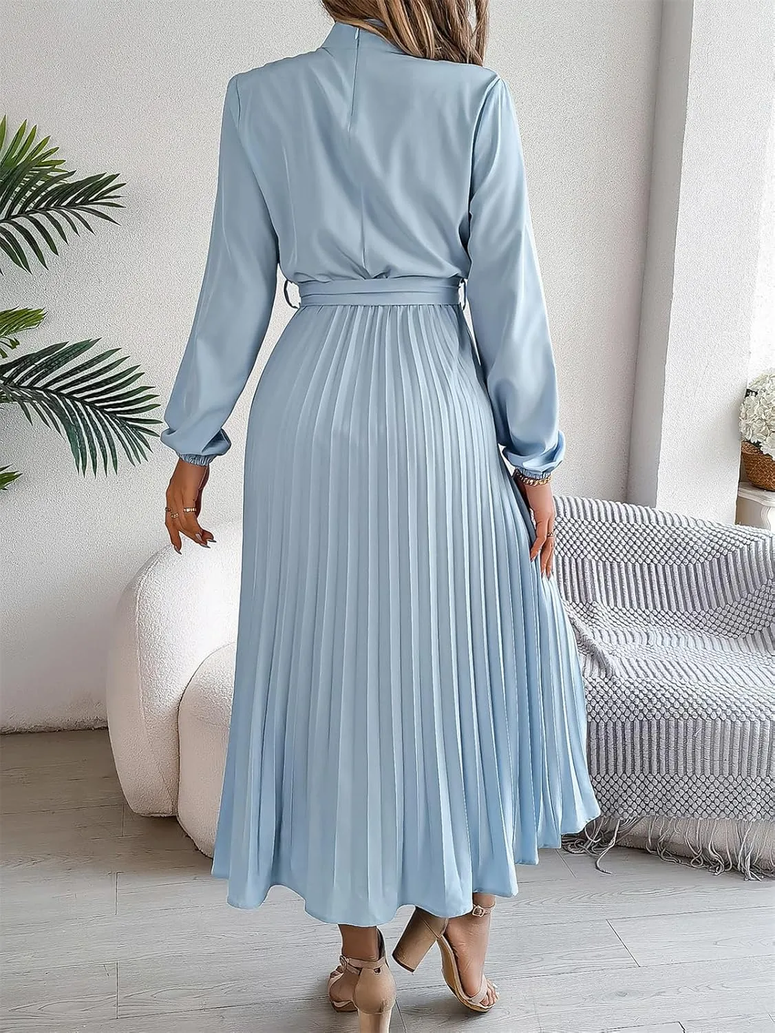 Women's Stand Collar Long Sleeve Pleated Maxi Dress Elastic High Waist A-Line Dress Midi Skirt with Belt