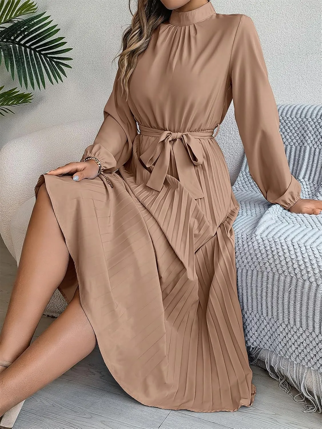 Women's Stand Collar Long Sleeve Pleated Maxi Dress Elastic High Waist A-Line Dress Midi Skirt with Belt