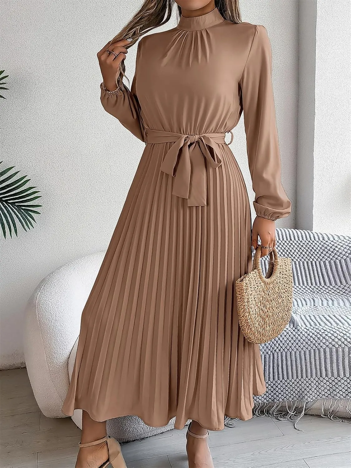 Women's Stand Collar Long Sleeve Pleated Maxi Dress Elastic High Waist A-Line Dress Midi Skirt with Belt