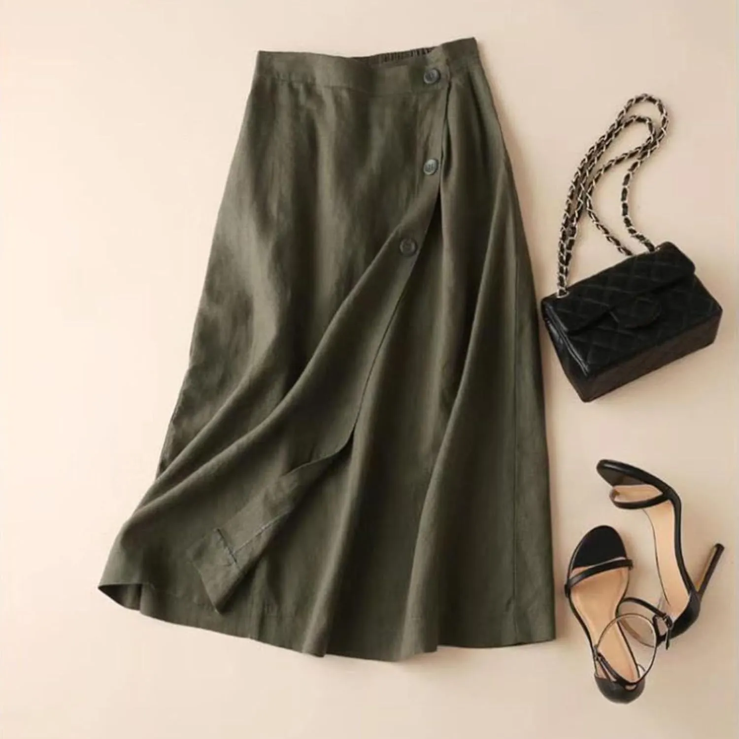 Women's Summer Casual Loose Trendy Elastic Waist Solid Flowy Long Maxi Sun Beach Linen Skirts, M-2XL