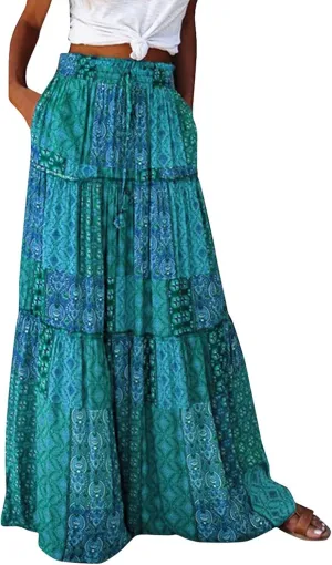 Women's Summer Skirts 2025 Loose Trendy Elastic High Waist Floral Print Boho Sun Beach Long Maxi Skirt, S-2XL