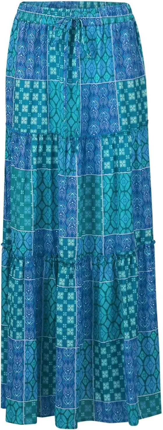 Women's Summer Skirts 2025 Loose Trendy Elastic High Waist Floral Print Boho Sun Beach Long Maxi Skirt, S-2XL