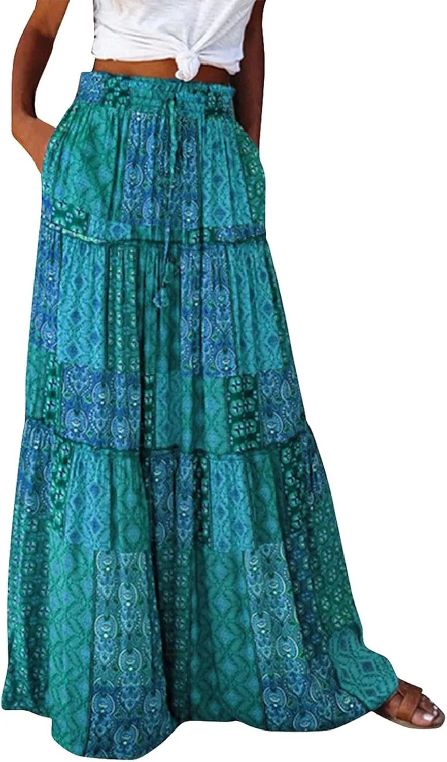 Women's Summer Skirts 2025 Loose Trendy Elastic High Waist Floral Print Boho Sun Beach Long Maxi Skirt, S-2XL