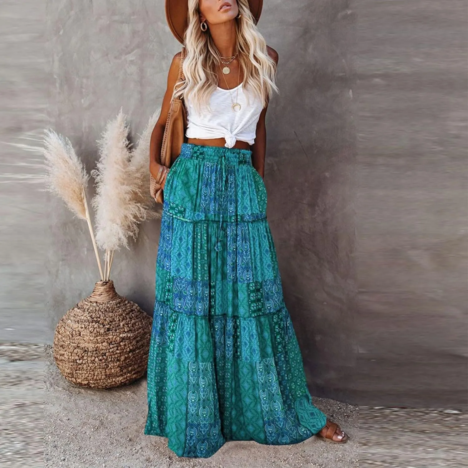 Women's Summer Skirts 2025 Loose Trendy Elastic High Waist Floral Print Boho Sun Beach Long Maxi Skirt, S-2XL