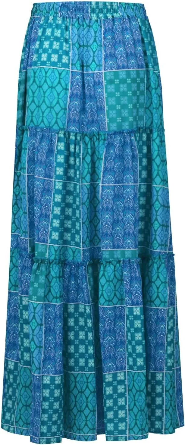 Women's Summer Skirts 2025 Loose Trendy Elastic High Waist Floral Print Boho Sun Beach Long Maxi Skirt, S-2XL
