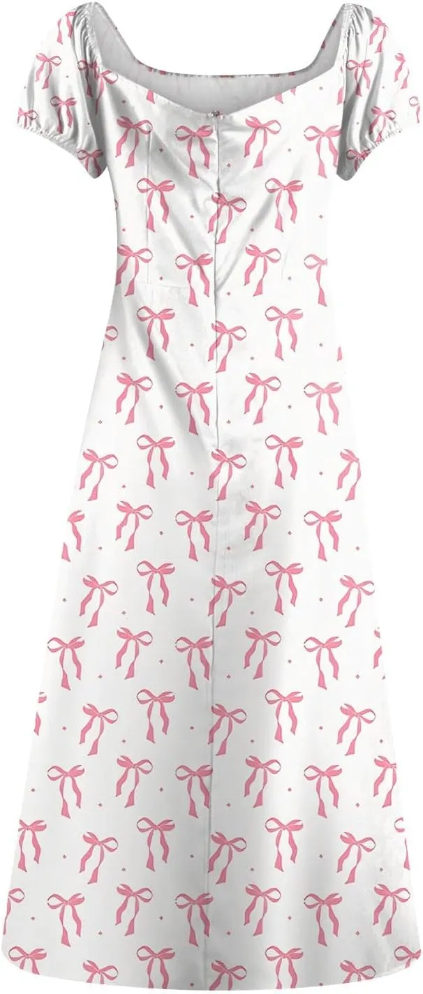 Women's Sundresses 2025 Summer Casual Loose Trendy Bubble Sleeve Square Neck Split Bow Floral Print Dress Plus Size, XS-3XL