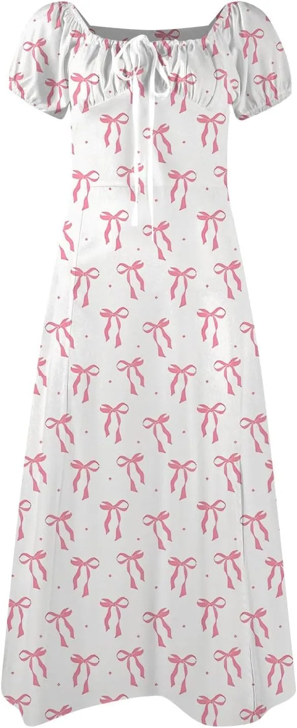 Women's Sundresses 2025 Summer Casual Loose Trendy Bubble Sleeve Square Neck Split Bow Floral Print Dress Plus Size, XS-3XL