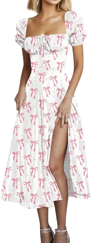 Women's Sundresses 2025 Summer Casual Loose Trendy Bubble Sleeve Square Neck Split Bow Floral Print Dress Plus Size, XS-3XL