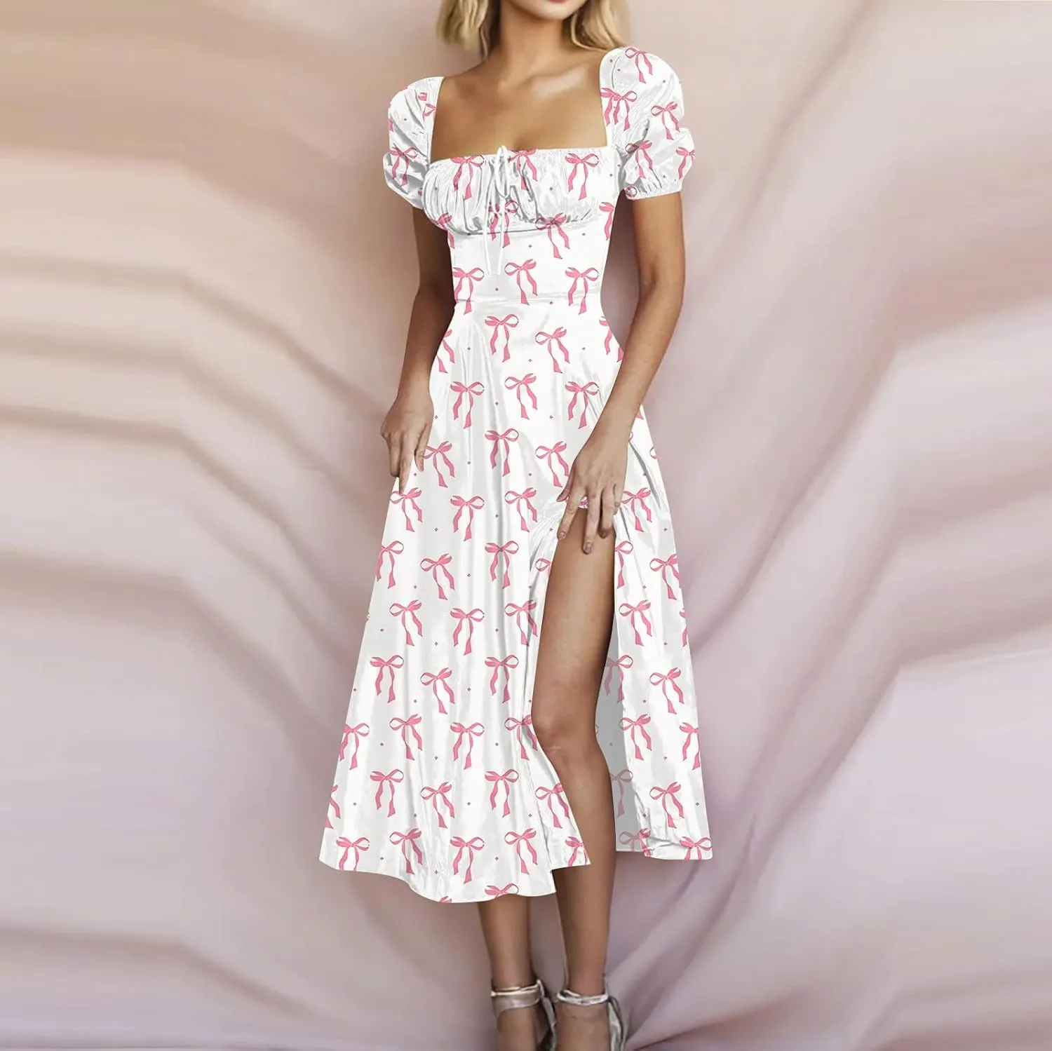 Women's Sundresses 2025 Summer Casual Loose Trendy Bubble Sleeve Square Neck Split Bow Floral Print Dress Plus Size, XS-3XL