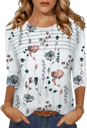 Womens Tops 3/4 Length Sleeve Tshirts Summer Dressy Casual Crew Neck Blouses Spring Pleated Clothes S-XXL