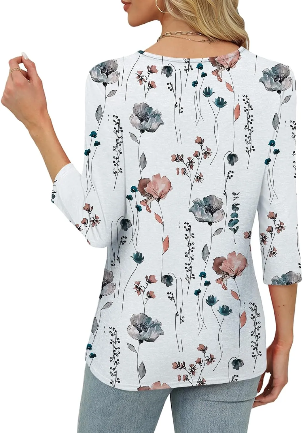 Womens Tops 3/4 Length Sleeve Tshirts Summer Dressy Casual Crew Neck Blouses Spring Pleated Clothes S-XXL