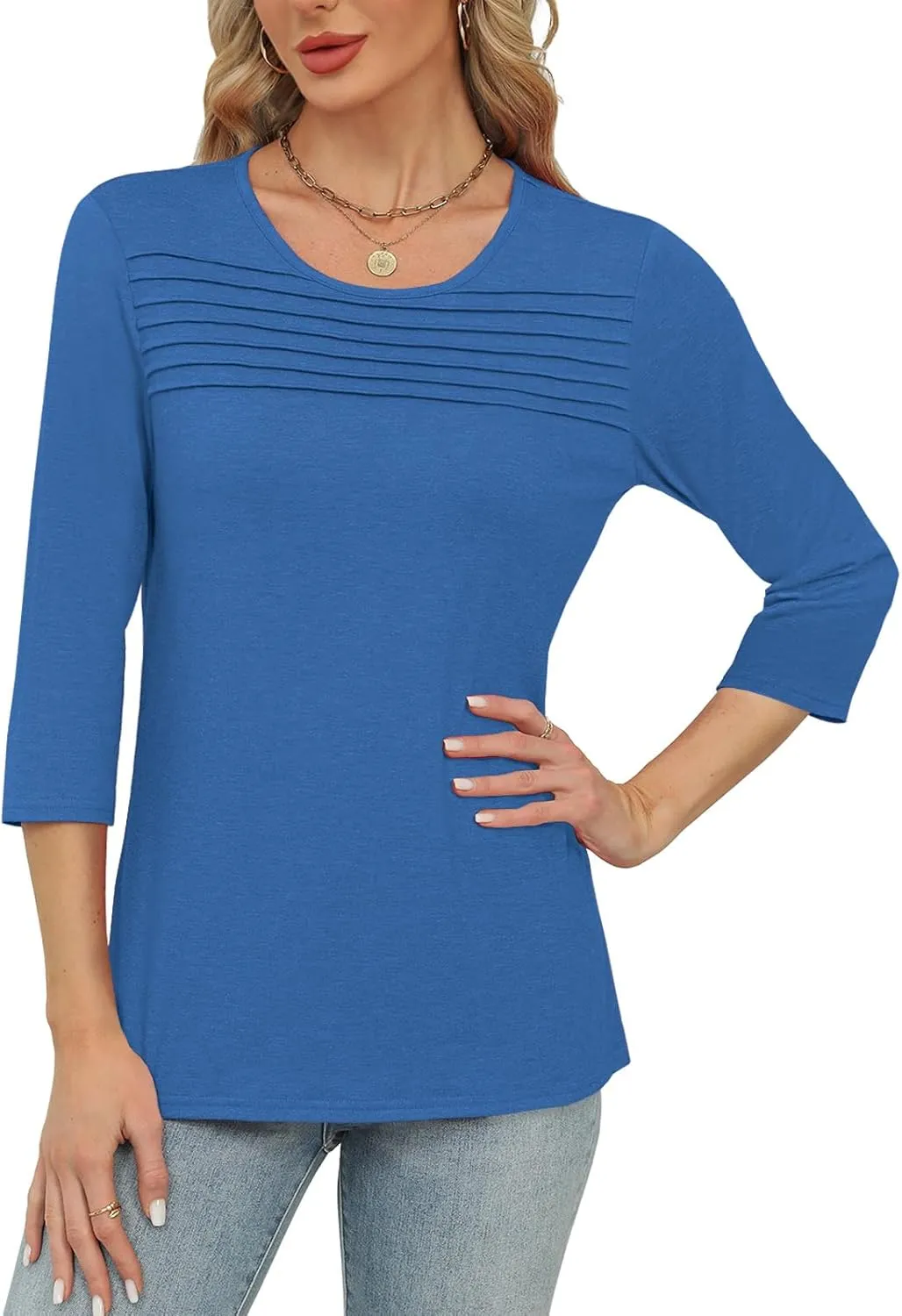 Womens Tops 3/4 Length Sleeve Tshirts Summer Dressy Casual Crew Neck Blouses Spring Pleated Clothes S-XXL