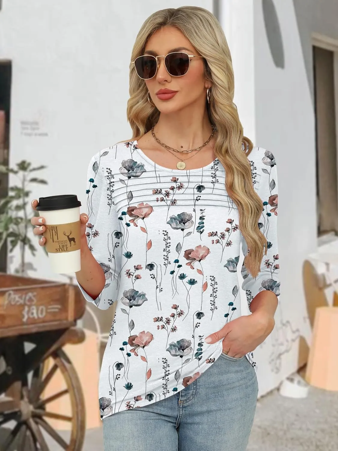 Womens Tops 3/4 Length Sleeve Tshirts Summer Dressy Casual Crew Neck Blouses Spring Pleated Clothes S-XXL
