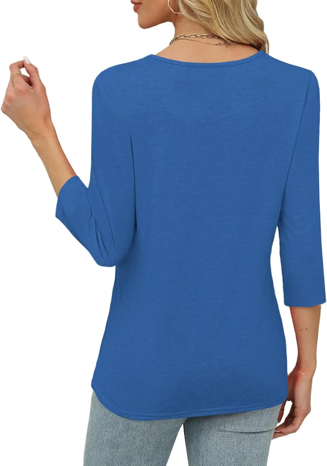 Womens Tops 3/4 Length Sleeve Tshirts Summer Dressy Casual Crew Neck Blouses Spring Pleated Clothes S-XXL