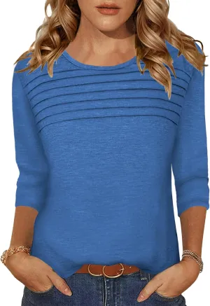 Womens Tops 3/4 Length Sleeve Tshirts Summer Dressy Casual Crew Neck Blouses Spring Pleated Clothes S-XXL