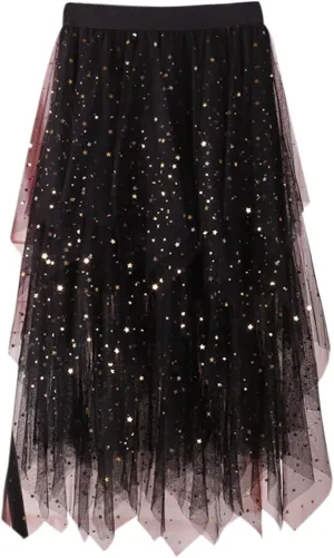 Womens Tulle Skirts Midi Elastic High Waist Pleated Mesh Flowy A-Line Party Long Tutu Skirts Asymmetrical Midi Length