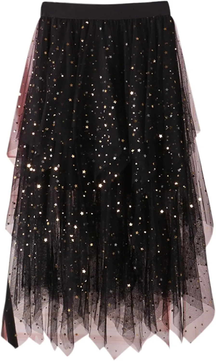 Womens Tulle Skirts Midi Elastic High Waist Pleated Mesh Flowy A-Line Party Long Tutu Skirts Asymmetrical Midi Length