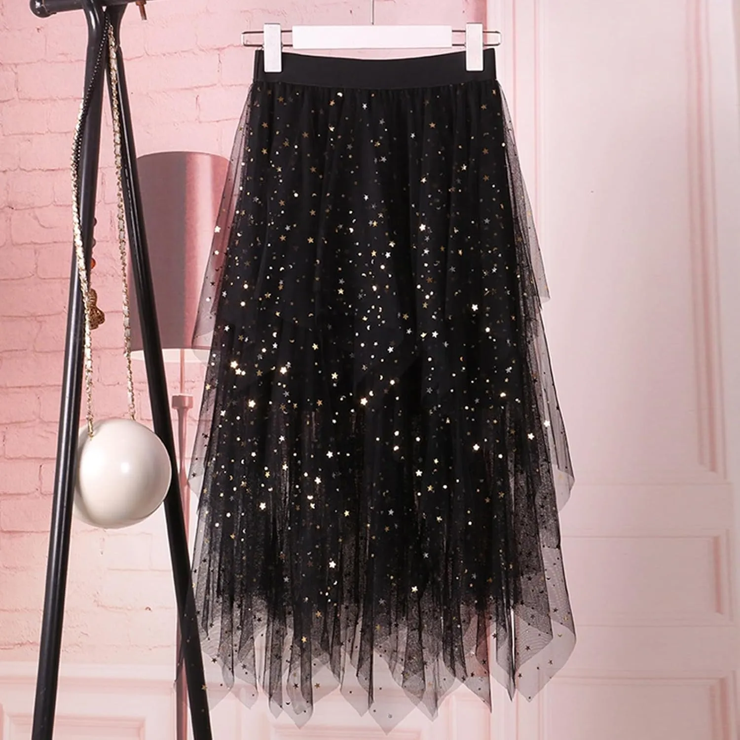 Womens Tulle Skirts Midi Elastic High Waist Pleated Mesh Flowy A-Line Party Long Tutu Skirts Asymmetrical Midi Length