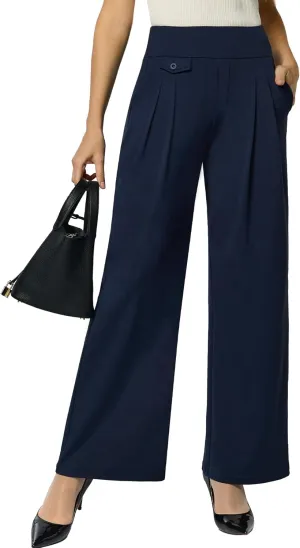 Womens Wide Leg Dress Pants Yoga Work Pants Pull On High Waist Stretch Business Casual Slacks with Pockets