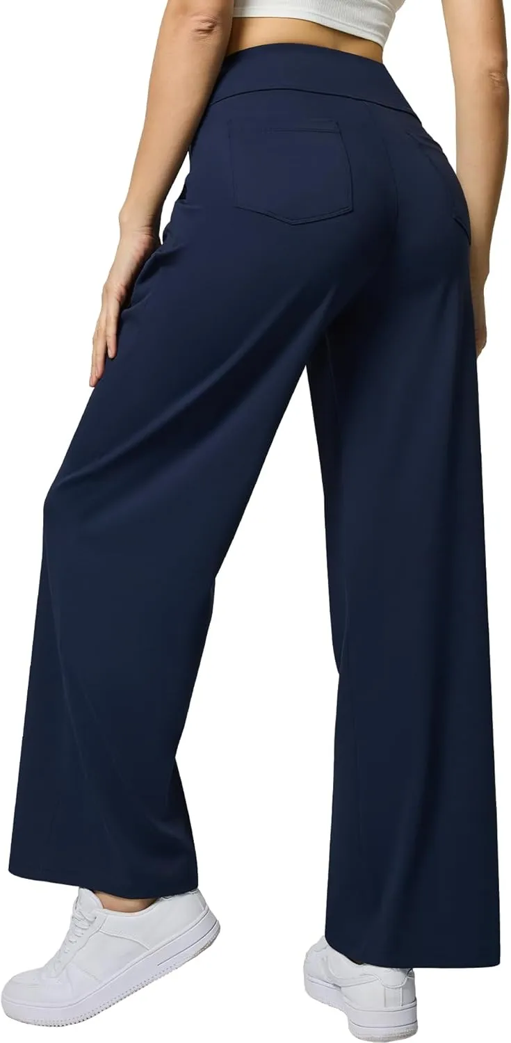 Womens Wide Leg Dress Pants Yoga Work Pants Pull On High Waist Stretch Business Casual Slacks with Pockets