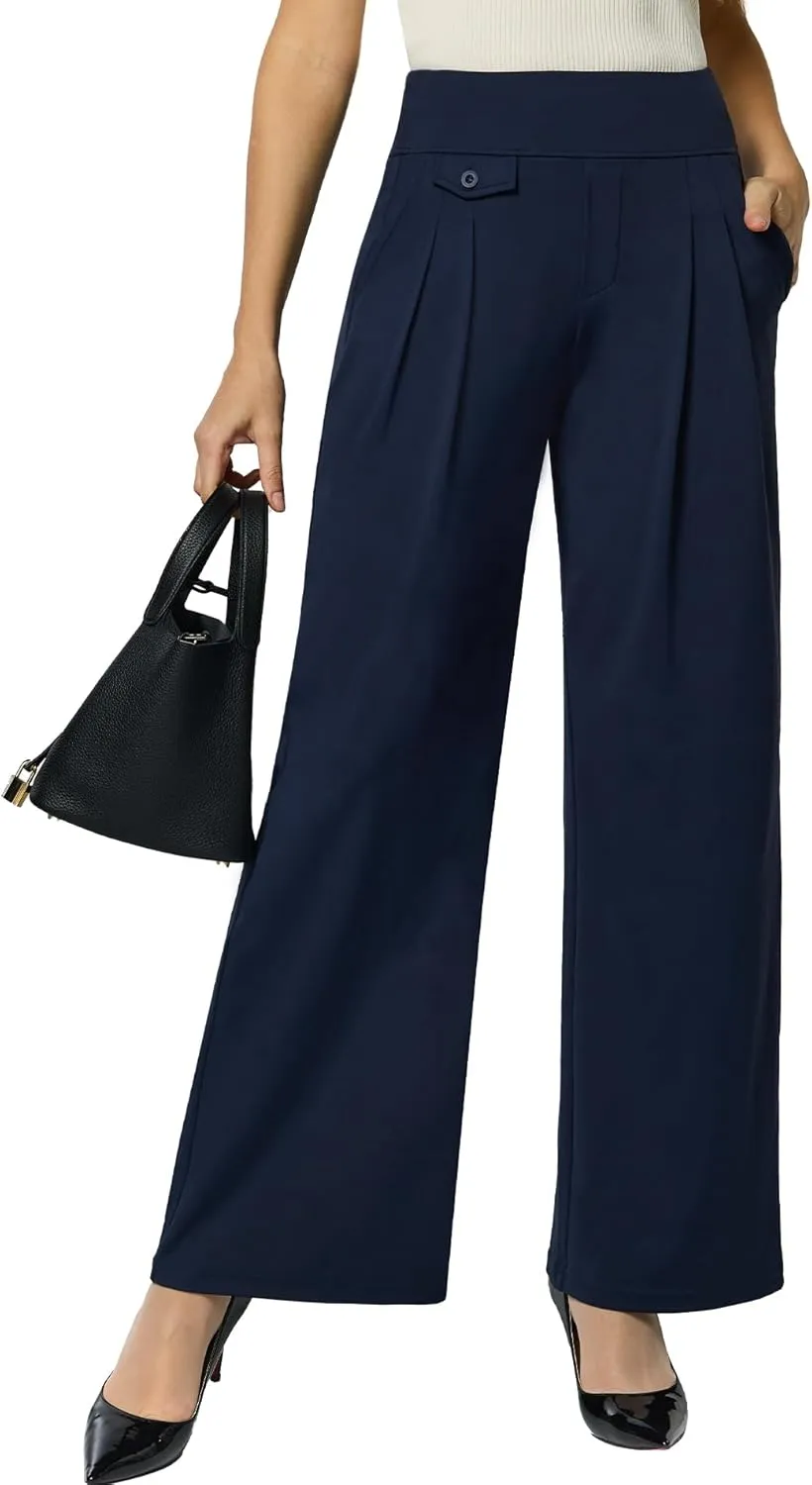 Womens Wide Leg Dress Pants Yoga Work Pants Pull On High Waist Stretch Business Casual Slacks with Pockets