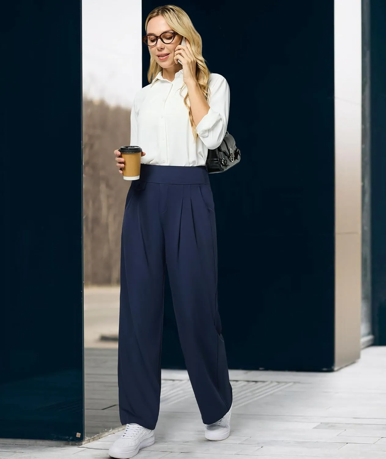 Womens Wide Leg Dress Pants Yoga Work Pants Pull On High Waist Stretch Business Casual Slacks with Pockets