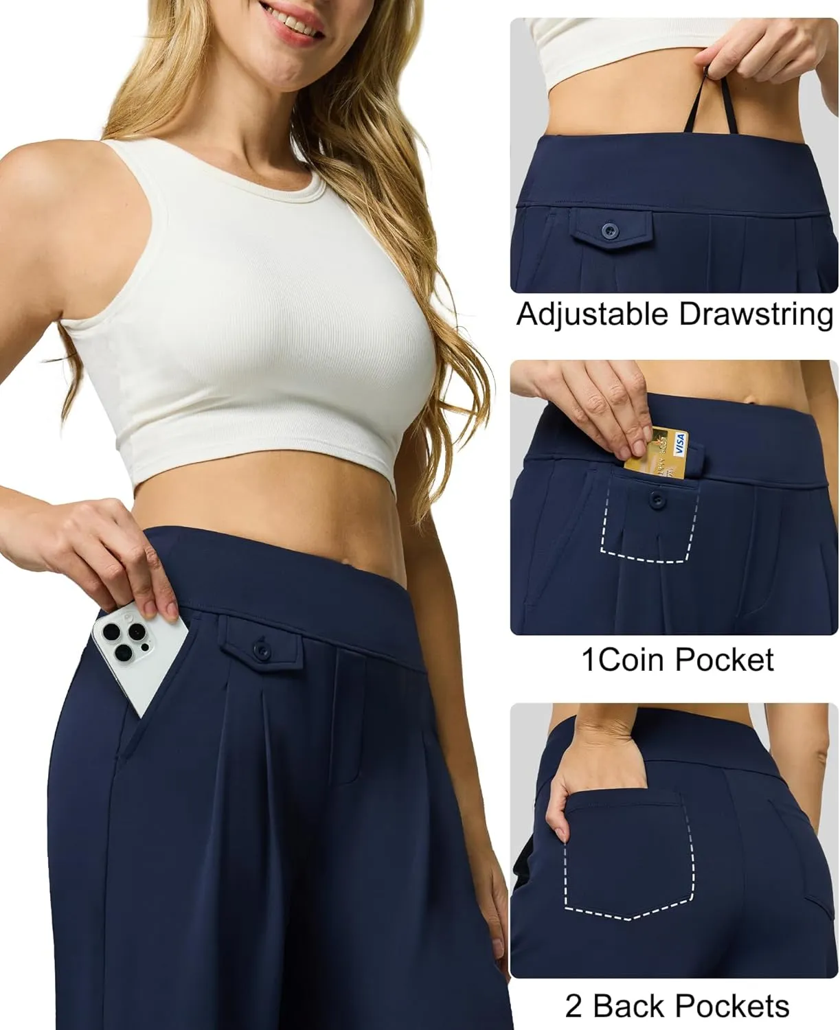 Womens Wide Leg Dress Pants Yoga Work Pants Pull On High Waist Stretch Business Casual Slacks with Pockets