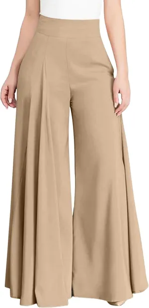 Womens Wide Leg High Waist Wide Leg Pants Casual Pants Comfy Pockets Relaxed Trousers Women Elastic Waist (Khaki-a, S), Small