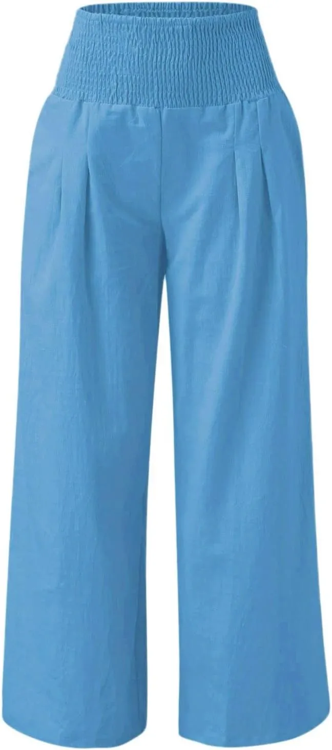 Womens Wide Leg Linen Pants 2025 Baggy Y2K Summer Stretchy Boho Beach Pants Relaxed Loose Fit Elastic Lightweight Trousers