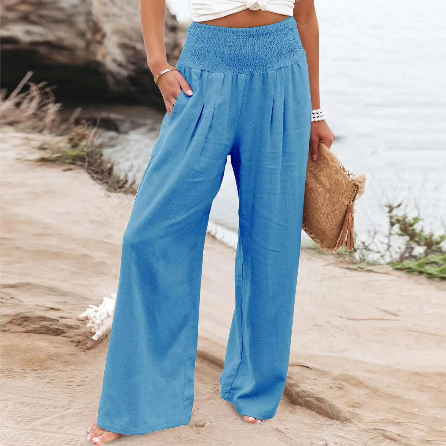 Womens Wide Leg Linen Pants 2025 Baggy Y2K Summer Stretchy Boho Beach Pants Relaxed Loose Fit Elastic Lightweight Trousers