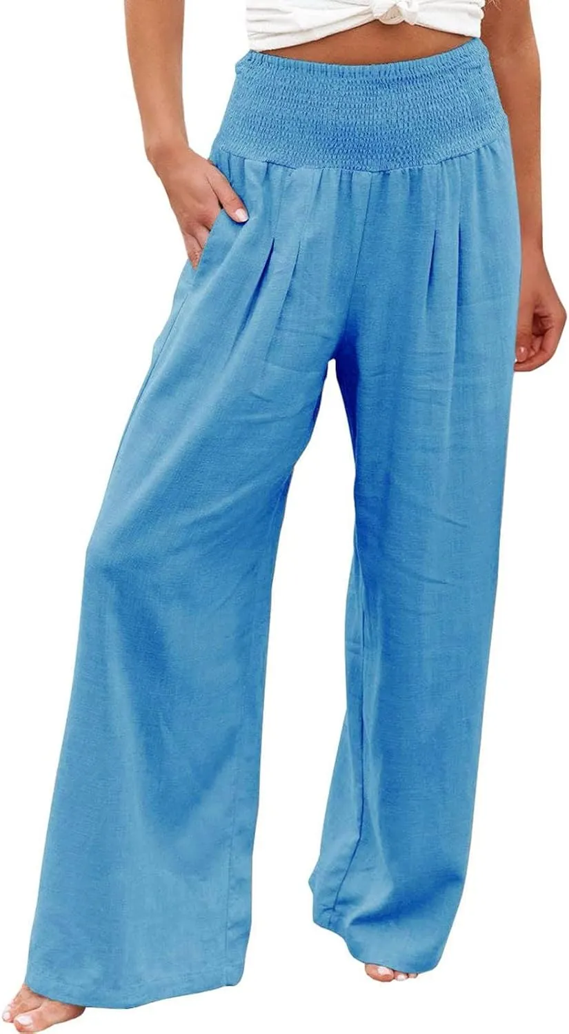 Womens Wide Leg Linen Pants 2025 Baggy Y2K Summer Stretchy Boho Beach Pants Relaxed Loose Fit Elastic Lightweight Trousers